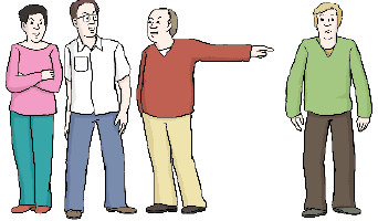 Eine Gruppe mit 4 Personen, bei dem ein Mann auf einen abseits stehenden Mann zeigt.