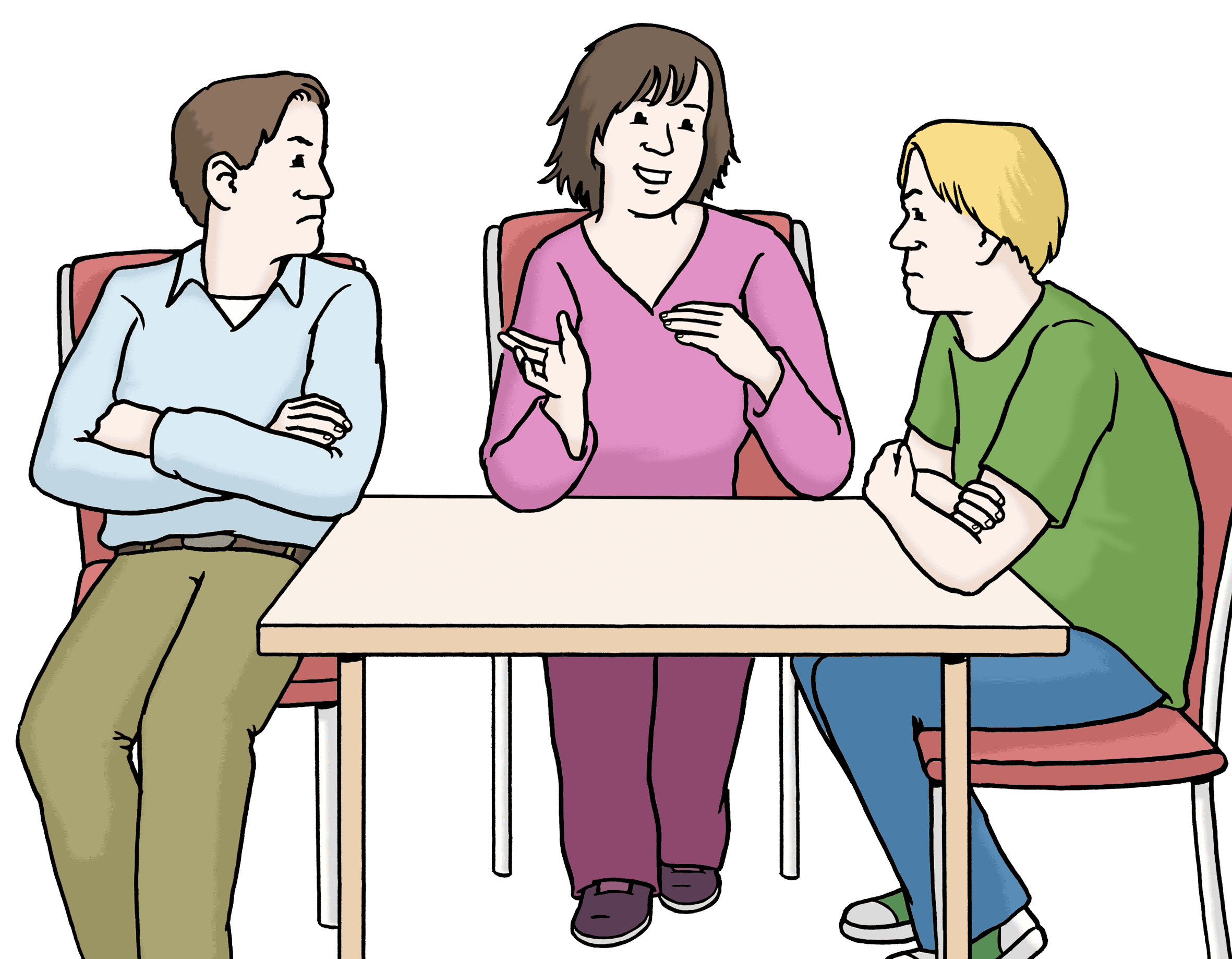 Drei Personen sitzen an einem Tisch. Eine Frau in der Mitte schlichtet den Streit zwischen den beiden Männern.