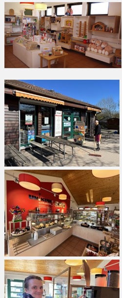 Fotos vom Hofladen mit Innen- und Außenansichten, Ausgabetheke für Speisen und Getränke, Verkaufständen, Produkten von Unikum